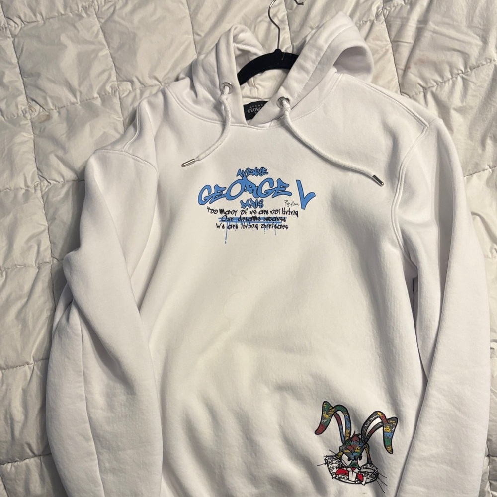 Avenue White Hoodie with Blue and Multicolor Graphic